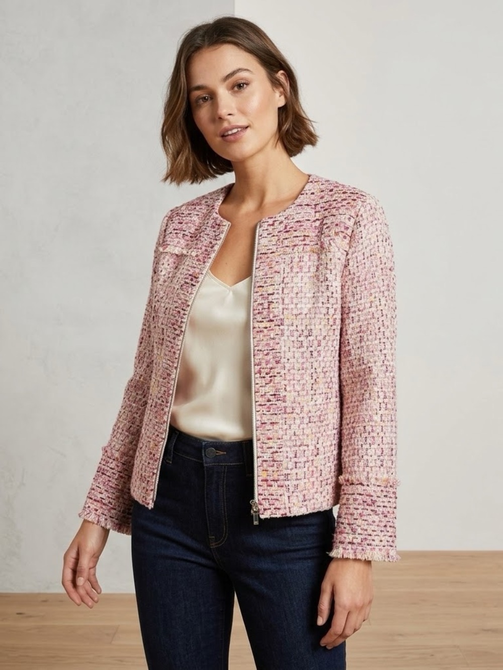 NWT Etcetera Pink Tweed Zip Up Jacket Preppy Old money Quiet Luxury Women’s US 6